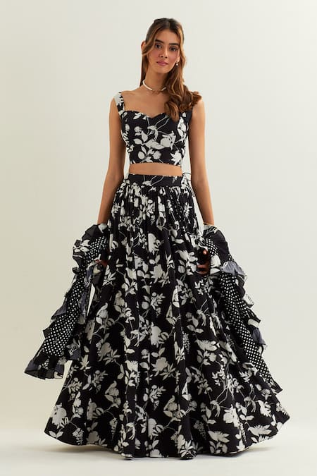 Label Earthen Black Viscose, Silk Embroidery, Ruffles Mimosa Musk Blossom Print Lehenga Set at Aza Fashions Label Earthen_Black Viscose, Silk Embroidery, Ruffles Mimosa Musk Blossom Print Lehenga Set _at_Aza_Fashions
