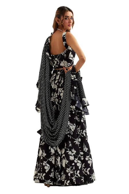 Shop Label Earthen Black Viscose, Silk Embroidery, Ruffles Mimosa Musk Blossom Print Lehenga Set Shop_Label Earthen_Black Viscose, Silk Embroidery, Ruffles Mimosa Musk Blossom Print Lehenga Set