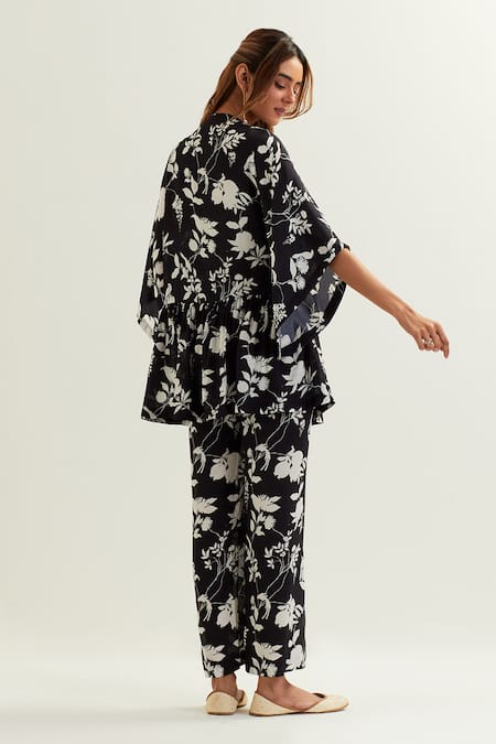Shop Label Earthen Black Viscose, Silk Embroidery Bibha Musk Bloom Print Kaftan With Flared Pant at Aza Fashions Shop_Label Earthen_Black Viscose, Silk Embroidery Bibha Musk Bloom Print Kaftan With Flared Pant _at_Aza_Fashions