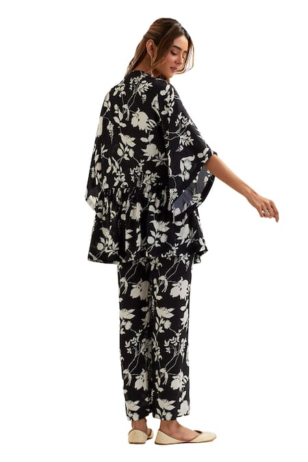 Label Earthen Black Viscose, Silk Embroidery Bibha Musk Bloom Print Kaftan With Flared Pant Online at Aza Fashions Label Earthen_Black Viscose, Silk Embroidery Bibha Musk Bloom Print Kaftan With Flared Pant _Online_at_Aza_Fashions