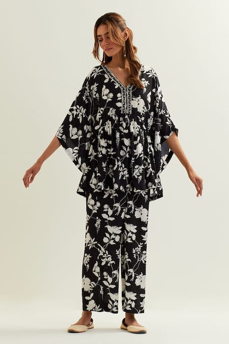 Shop Label Earthen Black Viscose, Silk Embroidery Bibha Musk Bloom Print Kaftan With Flared Pant Online at Aza Fashions Shop_Label Earthen_Black Viscose, Silk Embroidery Bibha Musk Bloom Print Kaftan With Flared Pant _Online_at_Aza_Fashions
