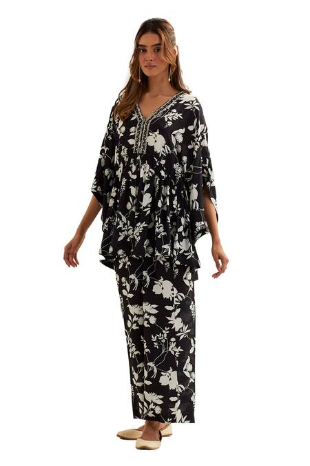 Shop Label Earthen Black Viscose, Silk Embroidery Bibha Musk Bloom Print Kaftan With Flared Pant Shop_Label Earthen_Black Viscose, Silk Embroidery Bibha Musk Bloom Print Kaftan With Flared Pant