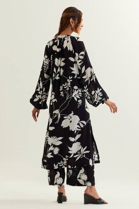 Shop Label Earthen Black Viscose, Crepe, Silk High Neck Bunda Night Lily Print Kurta With Pant at Aza Fashions Shop_Label Earthen_Black Viscose, Crepe, Silk High Neck Bunda Night Lily Print Kurta With Pant _at_Aza_Fashions
