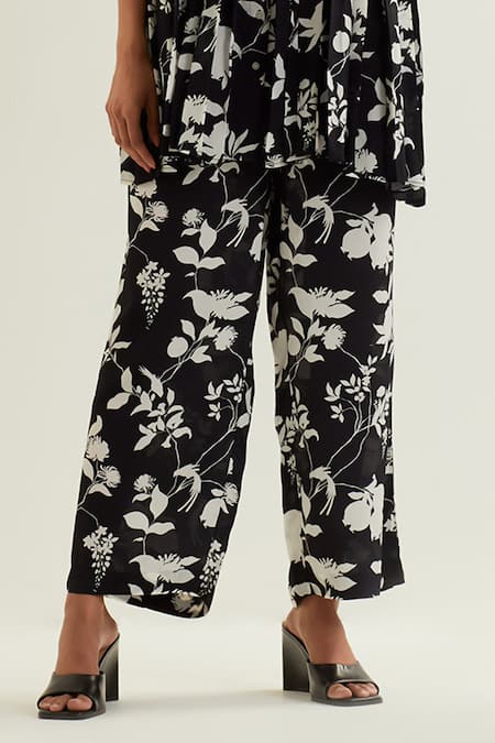 Buy_Label Earthen_Black Viscose, Silk Collared Buna Night Lily Print Pleated Shirt With Pant _Online_at_Aza_Fashions