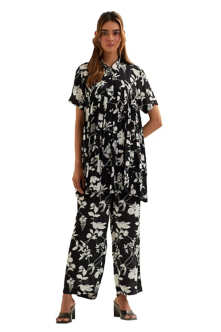 Shop_Label Earthen_Black Viscose, Silk Collared Buna Night Lily Print Pleated Shirt With Pant _Online_at_Aza_Fashions