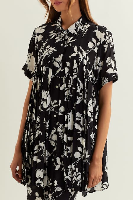 Shop_Label Earthen_Black Viscose, Silk Collared Buna Night Lily Print Pleated Shirt With Pant 