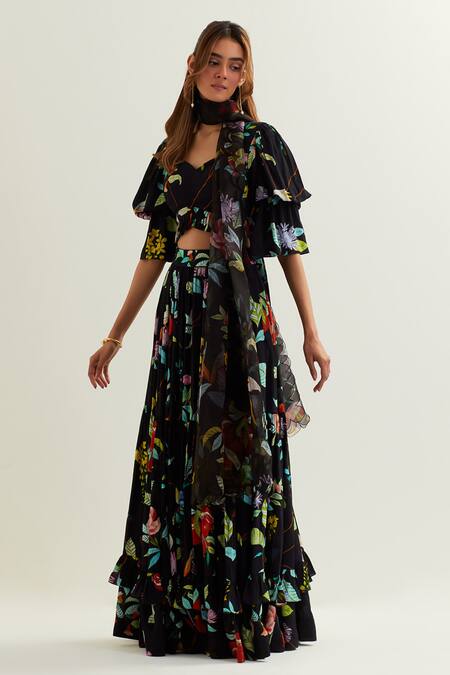 Label Earthen Black Viscose, Silk Sweetheart Neck Florence Print Lehenga Set Online at Aza Fashions Label Earthen_Black Viscose, Silk Sweetheart Neck Florence Print Lehenga Set _Online_at_Aza_Fashions