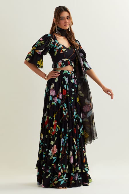 Buy Label Earthen Black Viscose, Silk Sweetheart Neck Florence Print Lehenga Set Online at Aza Fashions Buy_Label Earthen_Black Viscose, Silk Sweetheart Neck Florence Print Lehenga Set _Online_at_Aza_Fashions