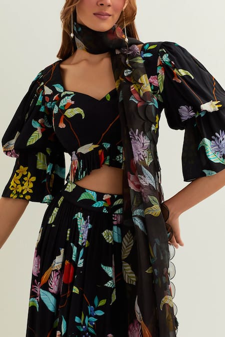 Shop Label Earthen Black Viscose, Silk Sweetheart Neck Florence Print Lehenga Set Online at Aza Fashions Shop_Label Earthen_Black Viscose, Silk Sweetheart Neck Florence Print Lehenga Set _Online_at_Aza_Fashions