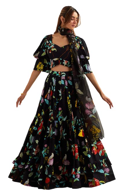 Buy Label Earthen Black Viscose, Silk Sweetheart Neck Florence Print Lehenga Set Buy_Label Earthen_Black Viscose, Silk Sweetheart Neck Florence Print Lehenga Set