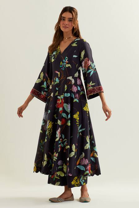 Buy_Label Earthen_Black Viscose, Silk Embroidery V-neck Cursa Florence Print Anarkali With Pant _Online_at_Aza_Fashions