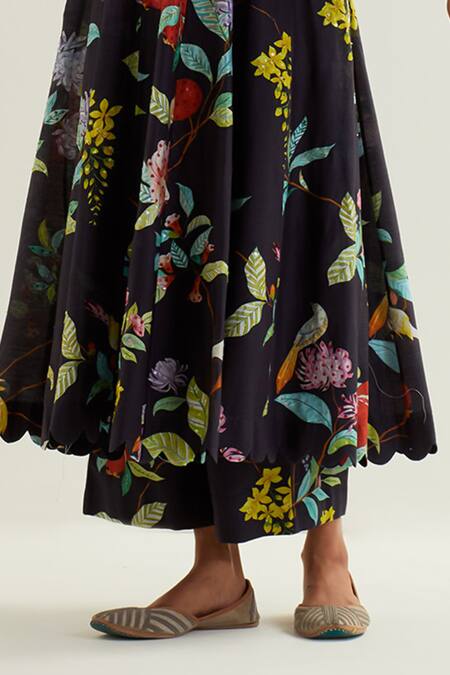 Shop_Label Earthen_Black Viscose, Silk Embroidery V-neck Cursa Florence Print Anarkali With Pant _Online_at_Aza_Fashions