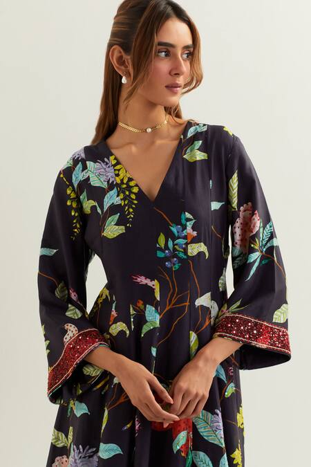 Label Earthen_Black Viscose, Silk Embroidery V-neck Cursa Florence Print Anarkali With Pant _at_Aza_Fashions