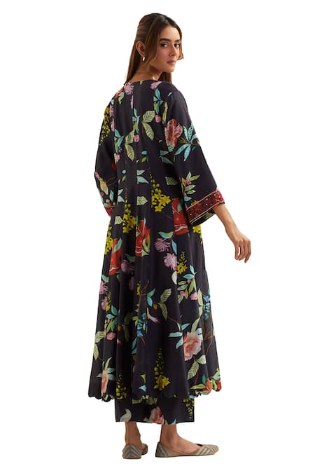 Shop_Label Earthen_Black Viscose, Silk Embroidery V-neck Cursa Florence Print Anarkali With Pant 