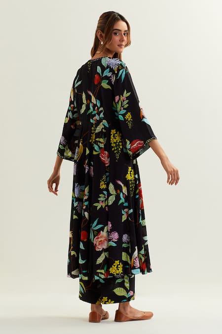 Shop Label Earthen Black Viscose, Crepe, Silk Citala Florence Bloom Print Anarkali With Pant at Aza Fashions Shop_Label Earthen_Black Viscose, Crepe, Silk Citala Florence Bloom Print Anarkali With Pant _at_Aza_Fashions