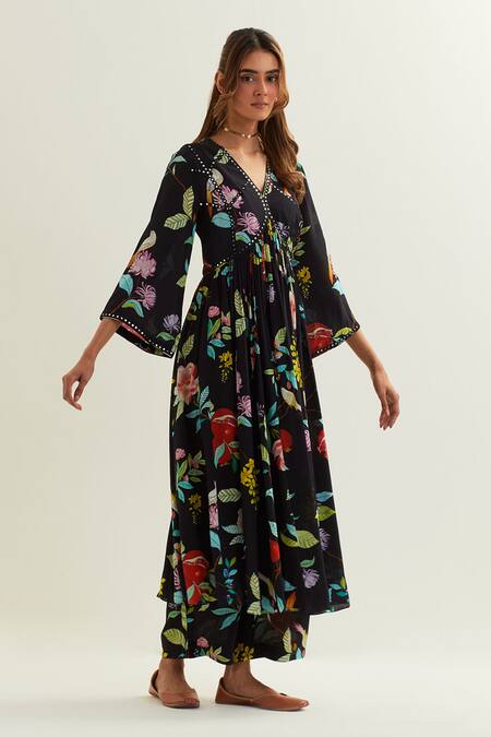 Shop Label Earthen Black Viscose, Crepe, Silk Citala Florence Bloom Print Anarkali With Pant Online at Aza Fashions Shop_Label Earthen_Black Viscose, Crepe, Silk Citala Florence Bloom Print Anarkali With Pant _Online_at_Aza_Fashions