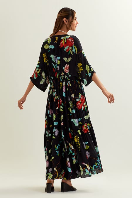 Shop Label Earthen Black Viscose, Crepe, Silk V-neck Ceibo Florence Print Kaftan at Aza Fashions Shop_Label Earthen_Black Viscose, Crepe, Silk V-neck Ceibo Florence Print Kaftan _at_Aza_Fashions