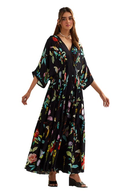 Buy Label Earthen Black Viscose, Crepe, Silk V-neck Ceibo Florence Print Kaftan Online at Aza Fashions Buy_Label Earthen_Black Viscose, Crepe, Silk V-neck Ceibo Florence Print Kaftan _Online_at_Aza_Fashions