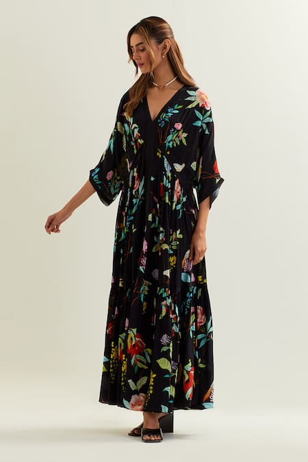 Shop Label Earthen Black Viscose, Crepe, Silk V-neck Ceibo Florence Print Kaftan Online at Aza Fashions Shop_Label Earthen_Black Viscose, Crepe, Silk V-neck Ceibo Florence Print Kaftan _Online_at_Aza_Fashions