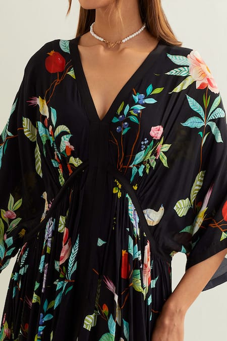 Label Earthen Black Viscose, Crepe, Silk V-neck Ceibo Florence Print Kaftan at Aza Fashions Label Earthen_Black Viscose, Crepe, Silk V-neck Ceibo Florence Print Kaftan _at_Aza_Fashions