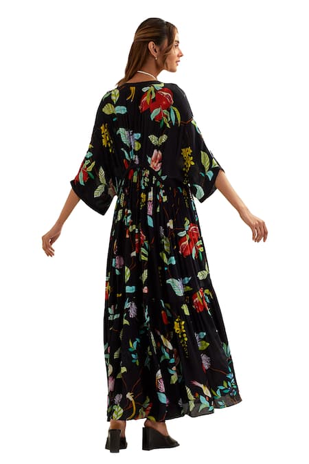 Buy Label Earthen Black Viscose, Crepe, Silk V-neck Ceibo Florence Print Kaftan Buy_Label Earthen_Black Viscose, Crepe, Silk V-neck Ceibo Florence Print Kaftan