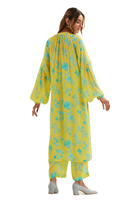 Label Earthen Yellow Viscose, Silk Round Neck Diwo Iris Bloom Print Kurta With Flared Pant Online at Aza Fashions Label Earthen_Yellow Viscose, Silk Round Neck Diwo Iris Bloom Print Kurta With Flared Pant _Online_at_Aza_Fashions