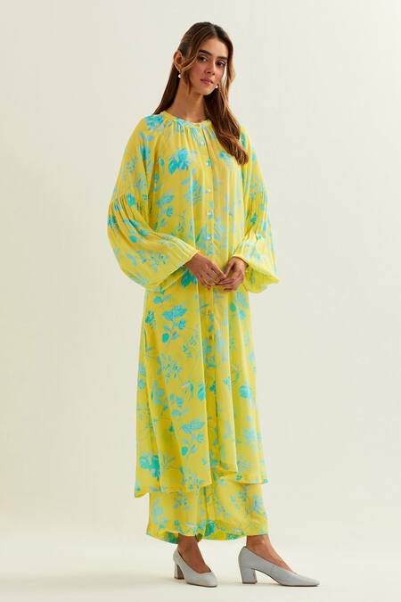 Label Earthen Yellow Viscose, Silk Round Neck Diwo Iris Bloom Print Kurta With Flared Pant at Aza Fashions Label Earthen_Yellow Viscose, Silk Round Neck Diwo Iris Bloom Print Kurta With Flared Pant _at_Aza_Fashions