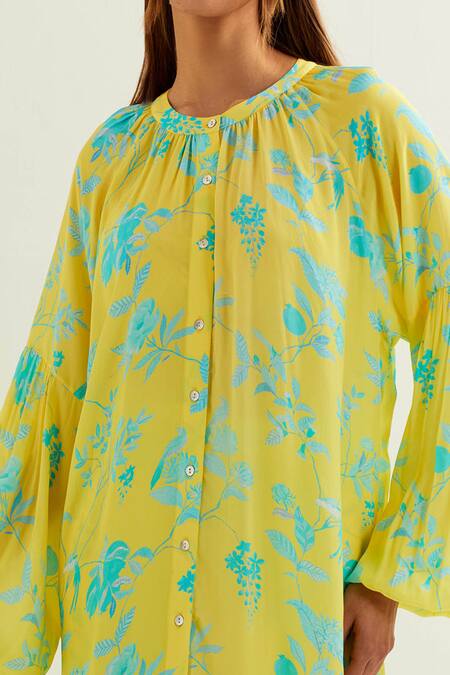 Shop Label Earthen Yellow Viscose, Silk Round Neck Diwo Iris Bloom Print Kurta With Flared Pant Shop_Label Earthen_Yellow Viscose, Silk Round Neck Diwo Iris Bloom Print Kurta With Flared Pant