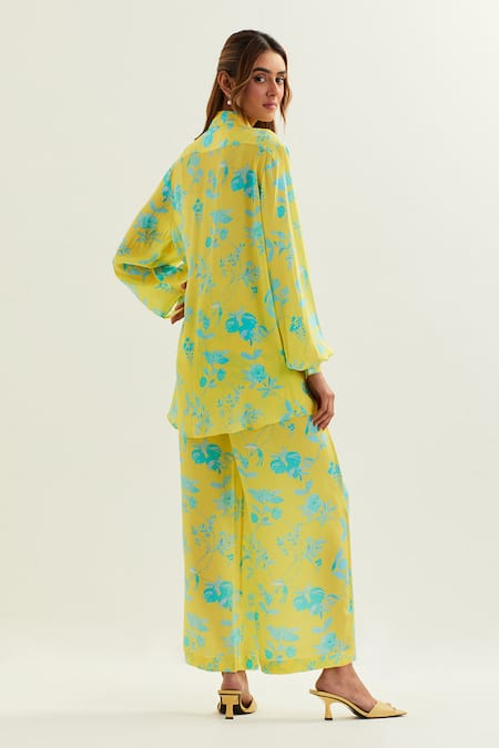Shop Label Earthen Yellow Silk, Viscose Collared Iris Print Shirt And Pant Set at Aza Fashions Shop_Label Earthen_Yellow Silk, Viscose Collared Iris Print Shirt And Pant Set _at_Aza_Fashions