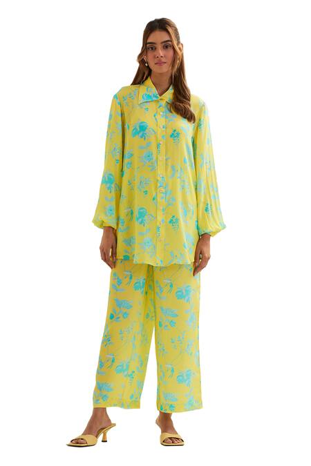 Shop Label Earthen Yellow Silk, Viscose Collared Iris Print Shirt And Pant Set Online at Aza Fashions Shop_Label Earthen_Yellow Silk, Viscose Collared Iris Print Shirt And Pant Set _Online_at_Aza_Fashions