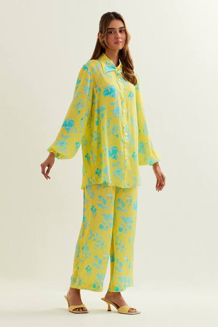 Label Earthen Yellow Silk, Viscose Collared Iris Print Shirt And Pant Set at Aza Fashions Label Earthen_Yellow Silk, Viscose Collared Iris Print Shirt And Pant Set _at_Aza_Fashions