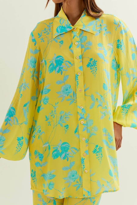 Shop Label Earthen Yellow Silk, Viscose Collared Iris Print Shirt And Pant Set Shop_Label Earthen_Yellow Silk, Viscose Collared Iris Print Shirt And Pant Set