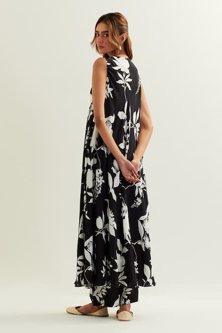 Shop Label Earthen Black Viscose, Crepe, Silk Beads Vega Musk Blossom Print Anarkali With Pant at Aza Fashions Shop_Label Earthen_Black Viscose, Crepe, Silk Beads Vega Musk Blossom Print Anarkali With Pant _at_Aza_Fashions