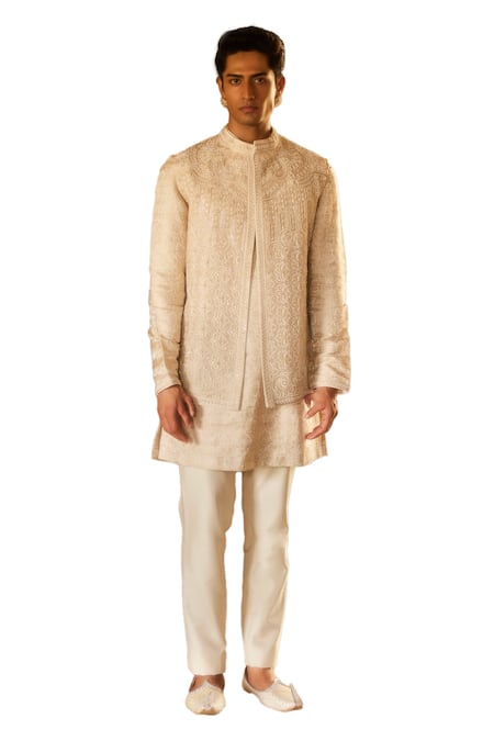 Eeksha_Ivory Brocade, Silk Pearls, Sequins Floral Embellished Kurta Set _Online_at_Aza_Fashions