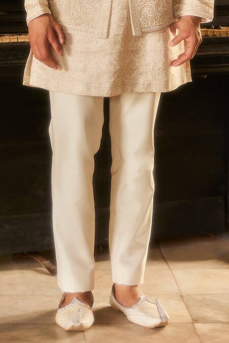 Buy_Eeksha_Ivory Brocade, Silk Pearls, Sequins Floral Embellished Kurta Set _Online_at_Aza_Fashions