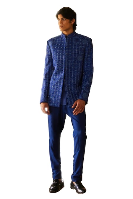 Buy Eeksha Blue Twill Embroidery, Beads, Crystals Embellished Geometric Bandhgala With Pant Online at Aza Fashions Buy_Eeksha_Blue Twill Embroidery, Beads, Crystals Embellished Geometric Bandhgala With Pant _Online_at_Aza_Fashions