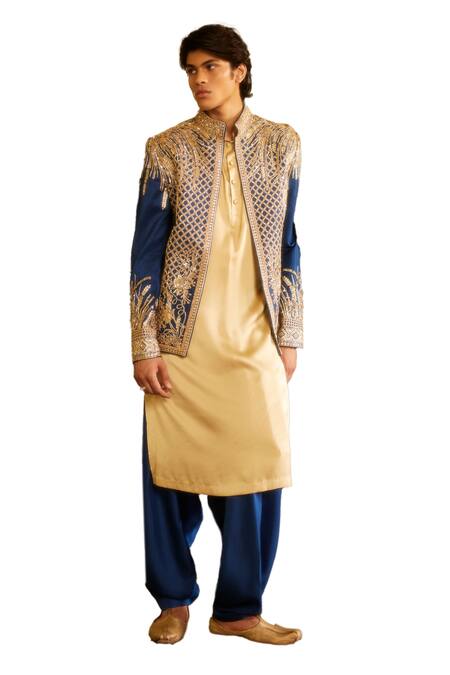 Buy_Eeksha_Blue Silk, Twill Sequins, Beads, Crystals, Embellished Jacket Salwar Pant Set _Online_at_Aza_Fashions