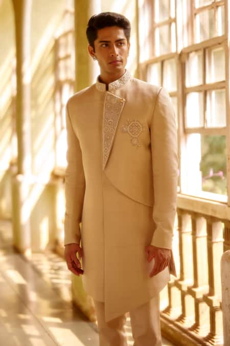Eeksha Zari Embroidered Overlap Panel Sherwani With Pant 