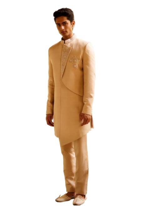 Buy_Eeksha_Ivory Cotton Pearls Zari Embroidered Overlap Panel Sherwani With Pant _Online_at_Aza_Fashions