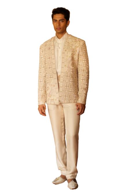 Eeksha_Ivory Silk Pearls, Sequins Geometric Embroidered Jacket Pant Set _Online_at_Aza_Fashions