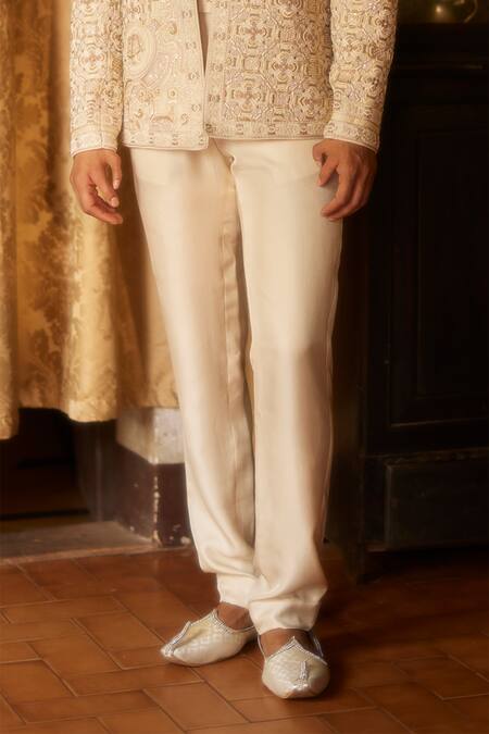 Buy_Eeksha_Ivory Silk Pearls, Sequins Geometric Embroidered Jacket Pant Set _Online_at_Aza_Fashions