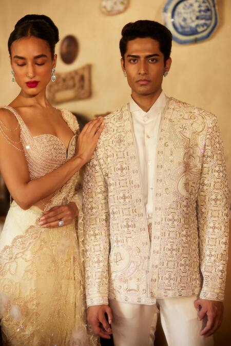 Shop_Eeksha_Ivory Silk Pearls, Sequins Geometric Embroidered Jacket Pant Set _Online_at_Aza_Fashions