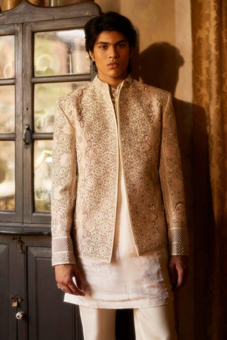 Shop_Eeksha_Ivory Silk Dupion Embroidered Sequin Pearl Embellished Jacket Kurta Set  _at_Aza_Fashions