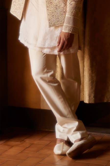 Eeksha_Ivory Silk Dupion Embroidered Sequin Pearl Embellished Jacket Kurta Set  _Online_at_Aza_Fashions