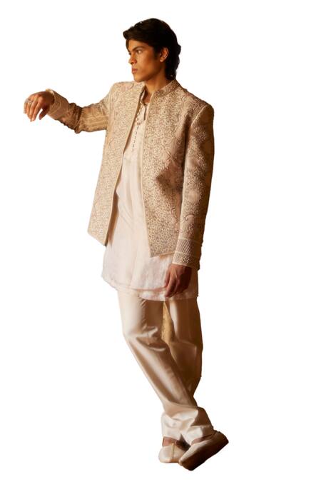 Buy_Eeksha_Ivory Silk Dupion Embroidered Sequin Pearl Embellished Jacket Kurta Set  _Online_at_Aza_Fashions
