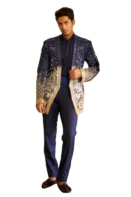 Buy Eeksha Blue Silk Beads, Sequins Floral Dabka Embroidered Jacket Pant Set Online at Aza Fashions Buy_Eeksha_Blue Silk Beads, Sequins Floral Dabka Embroidered Jacket Pant Set _Online_at_Aza_Fashions