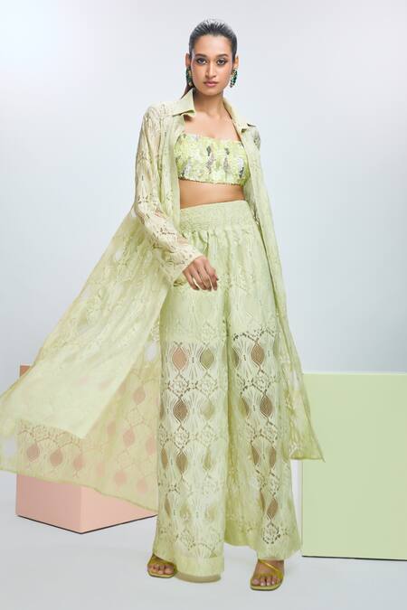 Nirmooha Green Chantilly Lace Hand Embroidered Sequins Jacket Collar Pant Set 