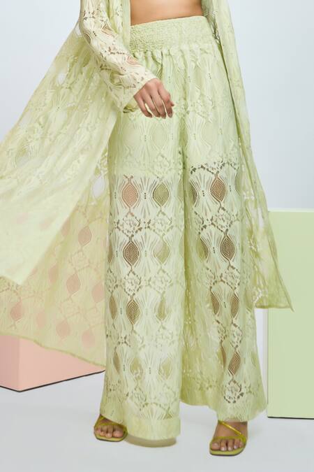 Nirmooha Green Chiffon Sequins Bandeau Neck, Collared Embroidered Jacket Pant Set Online at Aza Fashions Nirmooha_Green Chiffon Sequins Bandeau Neck, Collared Embroidered Jacket Pant Set _Online_at_Aza_Fashions