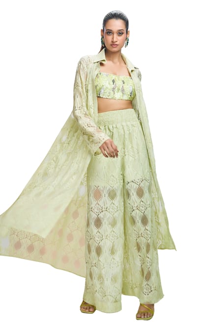Buy Nirmooha Green Chiffon Sequins Bandeau Neck, Collared Embroidered Jacket Pant Set Online at Aza Fashions Buy_Nirmooha_Green Chiffon Sequins Bandeau Neck, Collared Embroidered Jacket Pant Set _Online_at_Aza_Fashions