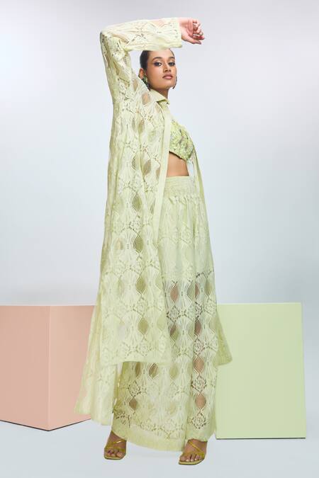 Shop Nirmooha Green Chiffon Sequins Bandeau Neck, Collared Embroidered Jacket Pant Set Online at Aza Fashions Shop_Nirmooha_Green Chiffon Sequins Bandeau Neck, Collared Embroidered Jacket Pant Set _Online_at_Aza_Fashions